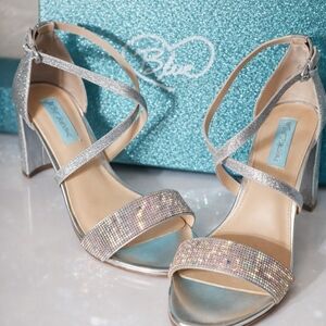 Betsey Johnson Silver Glitter Rhinestone Block Heel Sandals